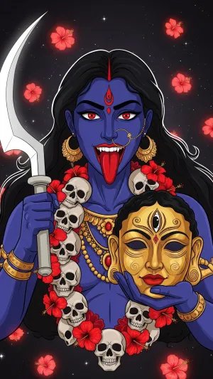 Powerful Maa Kali HD Wallpaper with Skull Garland & Hibiscus