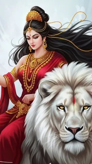 Divine Goddess on Lion with Trishul Artwork