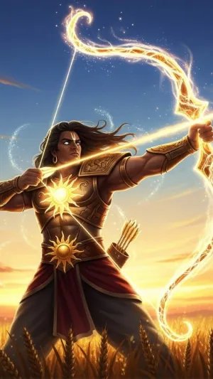 Surya Putra Karn with Divine Glowing Bow at Sunset