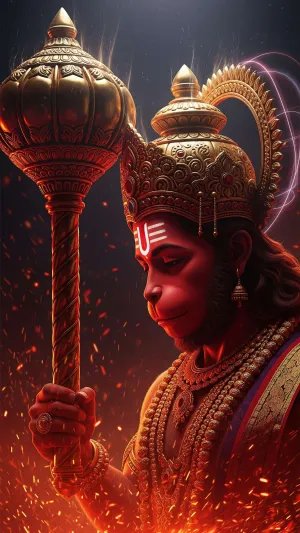 Divine Lord Hanuman Holding Golden Gada in Fiery Aura
