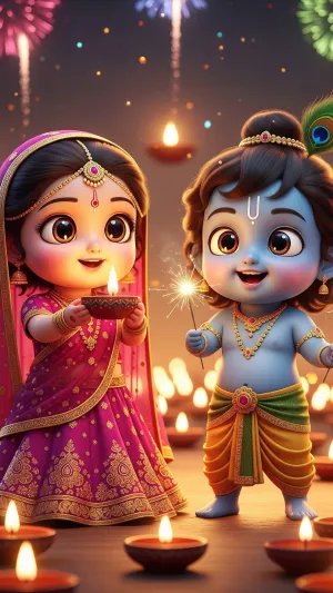 Cute Krishna and Radha Kids Diwali Celebration Wallpaper