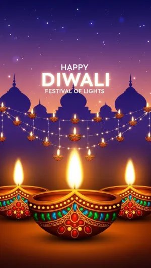 Happy Diwali Celebration with Glowing Diyas and Festive Lights
