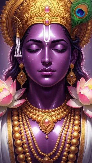 Divine Lord Krishna Portrait with Lotus and Golden Crown