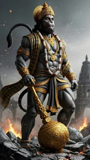 Majestic Lord Hanuman Standing with Golden Gada – Powerful Divine Warrior Artwork