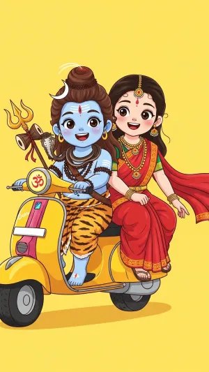 Cute Cartoon of Lord Shiva and Goddess Parvati Riding Scooter