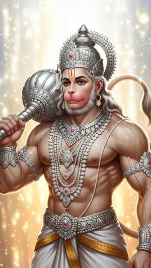Majestic Lord Hanuman in Silver Armor Holding Gada