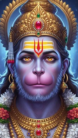 Divine Lord Hanuman with Glowing Eyes and Golden Crown