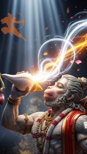 Hanuman Blowing Divine Shankh with Ram’s Blessings