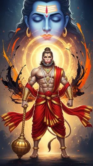 Hanuman Standing in Divine Aura with Lord Shiva’s Blessings