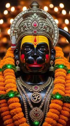 Divine Hanuman Idol with Garlands and Sacred Aura
