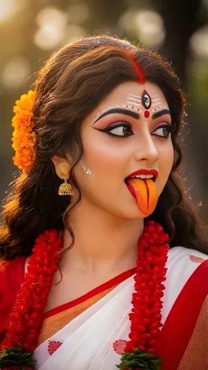 Divine Kali Look with Vibrant Makeup and Sacred Expression