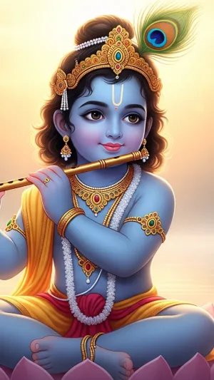 Lotus-Seated Bal Krishna Playing Flute in Divine Morning Light