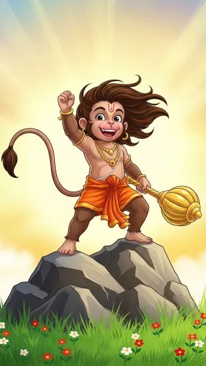 Bal Hanuman Standing on Mountain – Divine Strength Artwork