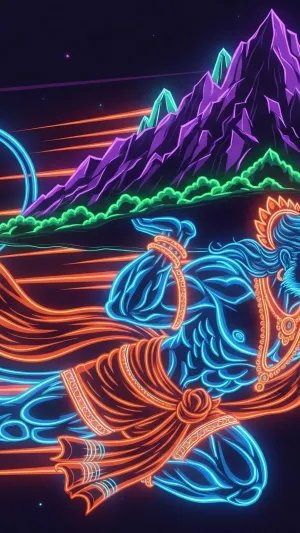 Neon Hanuman Carrying Dronagiri Mountain Art