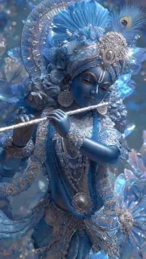 Blue Krishna Playing Flute – Divine 3D Spiritual Art Wallpaper