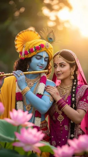 Divine Love of Radha Krishna at Golden Sunset