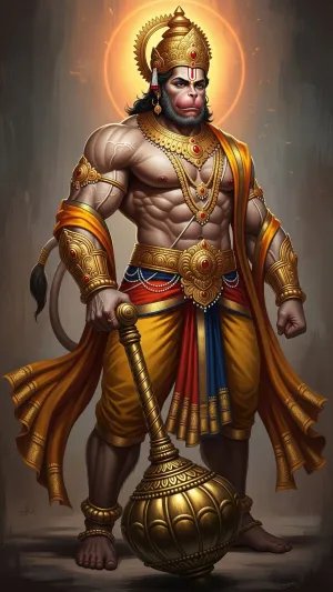 Powerful Lord Hanuman with Golden Gada – Divine Strength Art