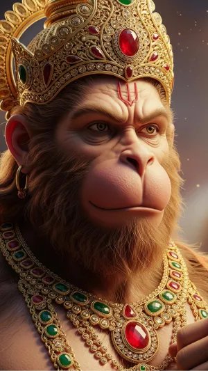 Divine Lord Hanuman Portrait with Golden Crown and Jewelry