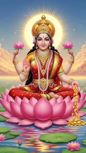 Goddess Lakshmi Lotus Wallpaper – Divine Wealth & Prosperity Art