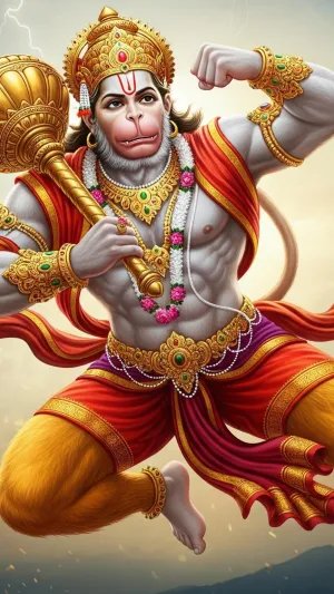 Powerful Lord Hanuman Flying with Gada and Divine Strength