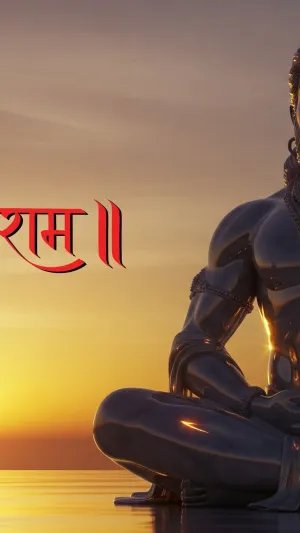 Meditating Lord Hanuman at Sunset with Jai Shri Ram