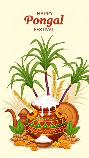 Happy Pongal Festival Traditional Sugarcane Illustration
