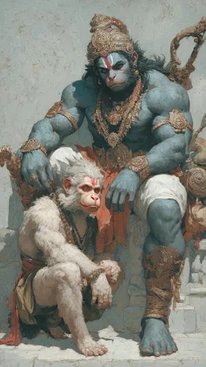 Mighty Hanuman with Young Vanara Companion – Strength, Guidance & Devotion