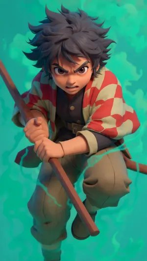 Anime Warrior Boy with Staff in Battle Pose