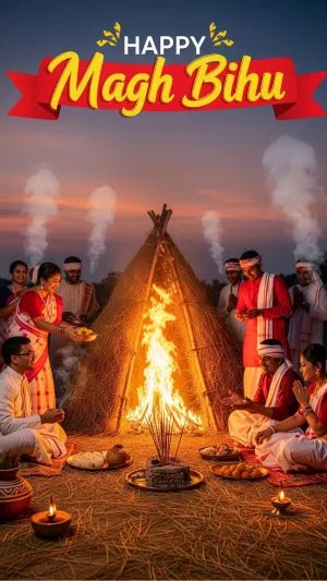 Happy Magh Bihu Meji Bonfire Celebration Poster
