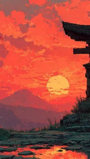 Lonely Traveler at Ancient Gate During Fiery Sunset