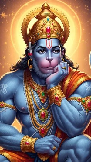 Thoughtful Lord Hanuman with Golden Crown and Divine Aura