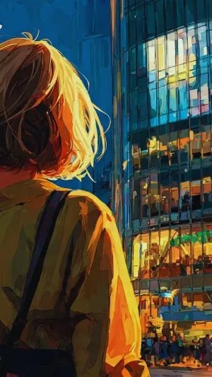 Lonely Girl Watching City Lights in Vibrant Nightscape