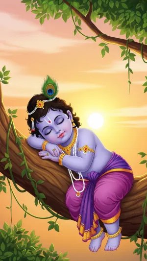 Sleeping Baby Krishna on Tree Branch at Peaceful Sunset