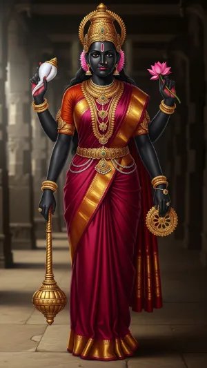 Divine Goddess Lakshmi Holding Lotus and Shankha in Temple