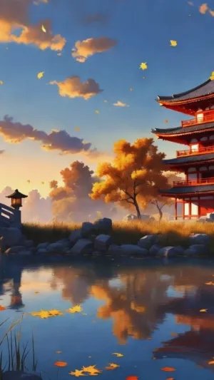 Autumn Temple by the River – Peaceful Japanese Landscape Art