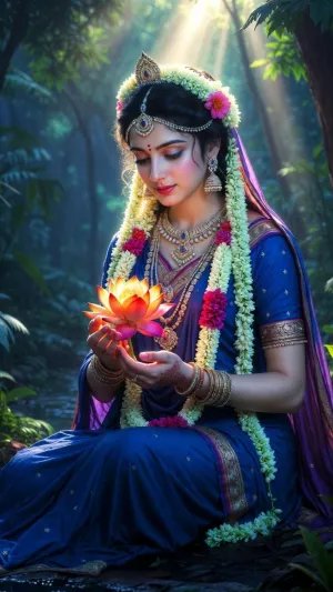 Divine Goddess with Glowing Lotus in Sacred Forest