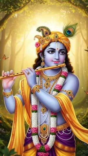 Lord Krishna Playing Flute in Vrindavan Forest