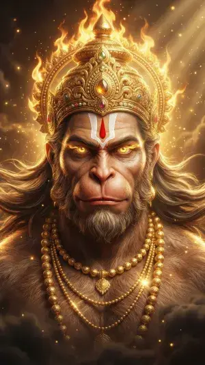 Divine Hanuman with Fiery Crown and Golden Aura