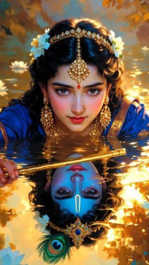 Radha Krishna Reflection in Golden Lotus Lake