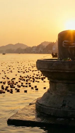 Sacred Shivling at River Ghat During Sunset Aarti
