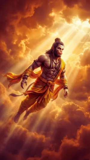 Flying Hanuman in Golden Divine Sky