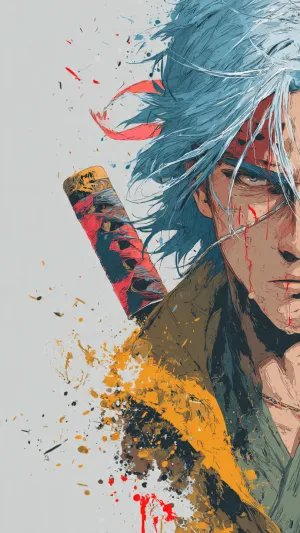 Blue-Haired Anime Samurai Warrior Wallpaper