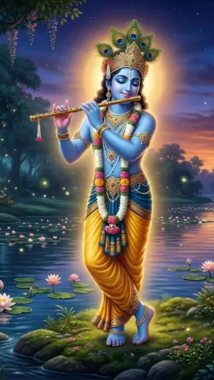 Lord Krishna Playing Flute Forest Night Wallpaper