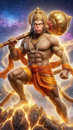 Powerful Hanuman with Gada Storm Sky Wallpaper