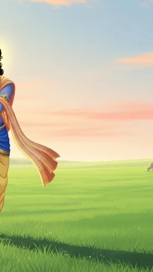 Peaceful Lord Krishna Playing Flute Nature Wallpaper