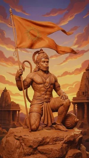 Hanuman Statue with Saffron Flag Powerful Devotion Art