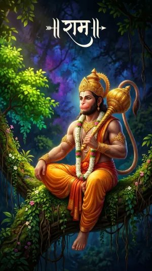 Hanuman Sitting on Tree with Gada Divine Forest Art