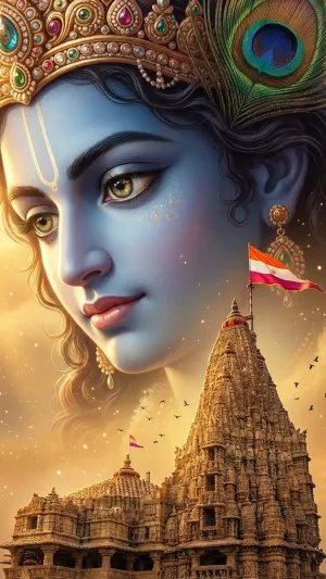 Divine Krishna Temple Art Golden Spiritual Wallpaper