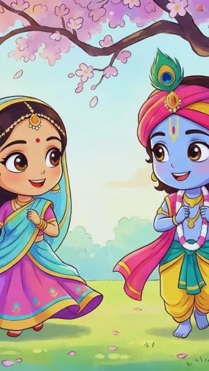 Cute Radha Krishna Cartoon HD Devotional Wallpaper