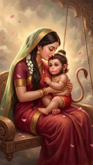 Anjana Mata and Baby Hanuman Loving Wallpaper